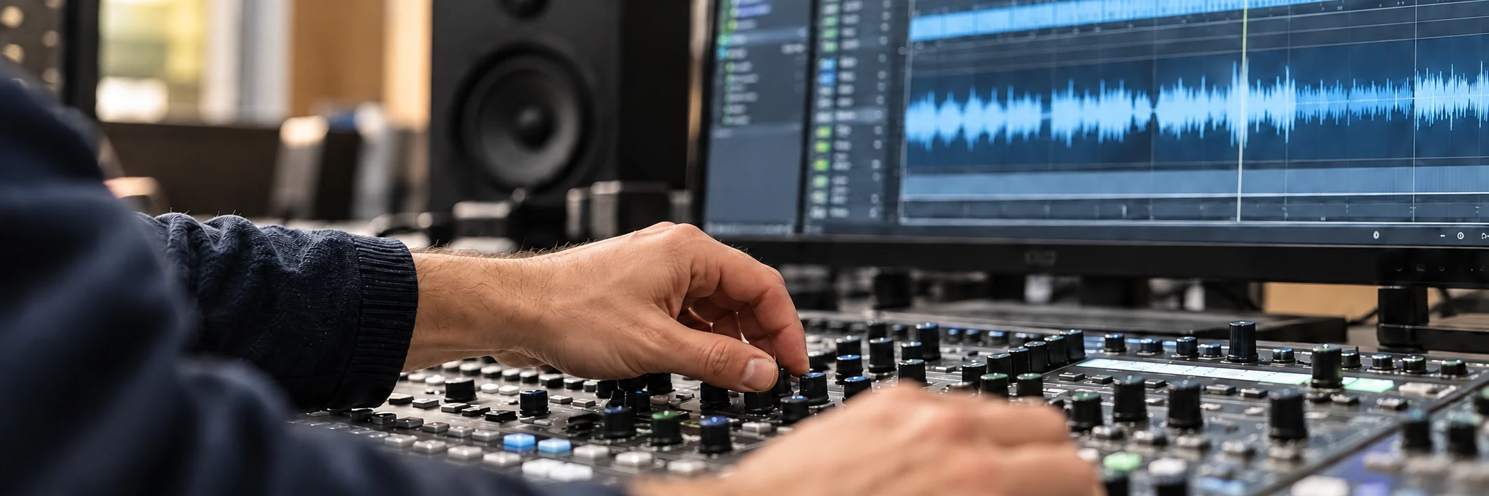 Hands working at an audio mixing desk with a waveform monitor in the background