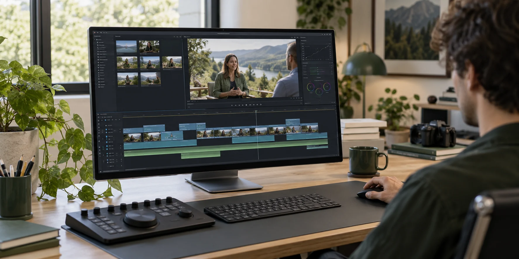 Video editing workstation with footage preview and an editing timeline